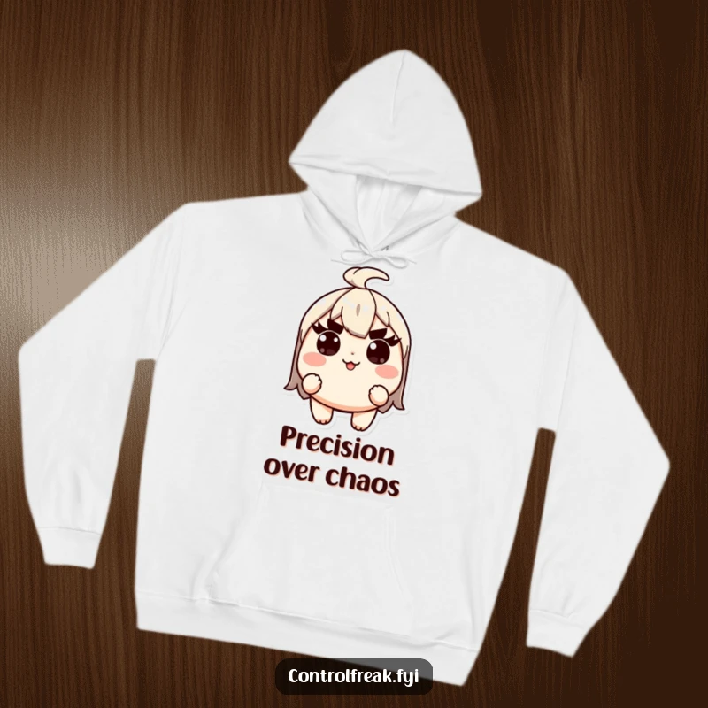 Funny Kawaii character hoodie, sporting raised eyebrows to ensure absolute precision, cozy and focused.