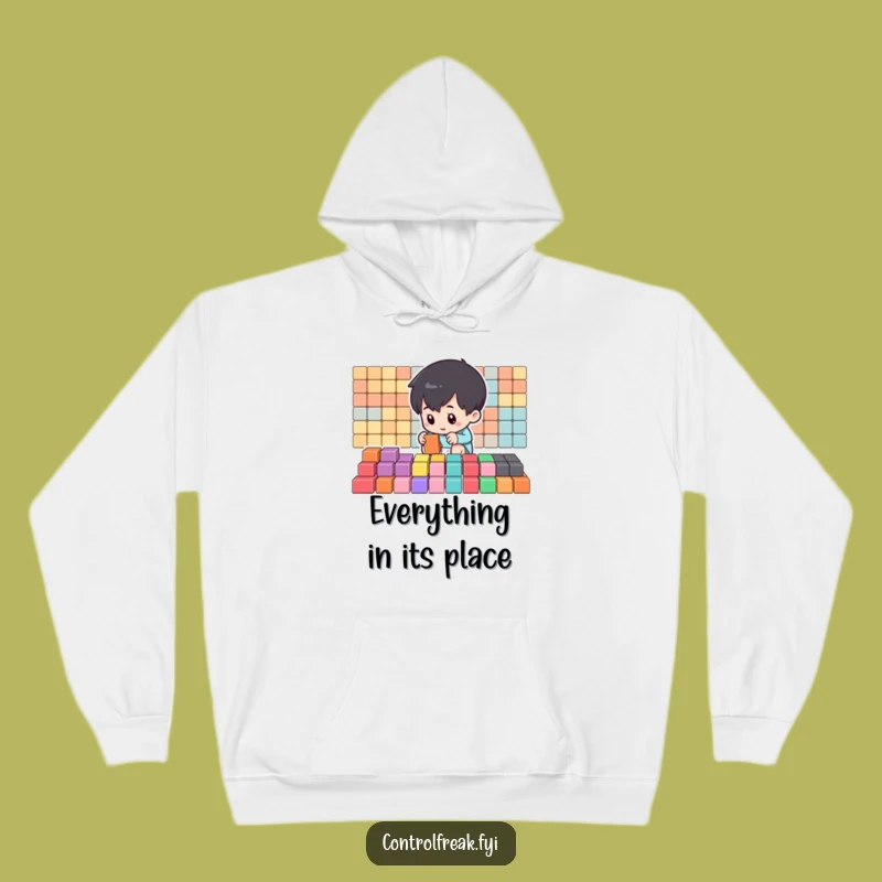 Funny Organizer Hoodie: Cozy Top with Small Character Arranging Blocks, Ultimate Funny Gift