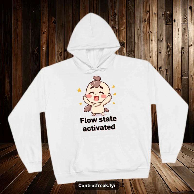 Funny hoodie with a character performing quick, ordered gestures with extreme satisfaction, offering warm humor and a celebratory vibe, a great gift.