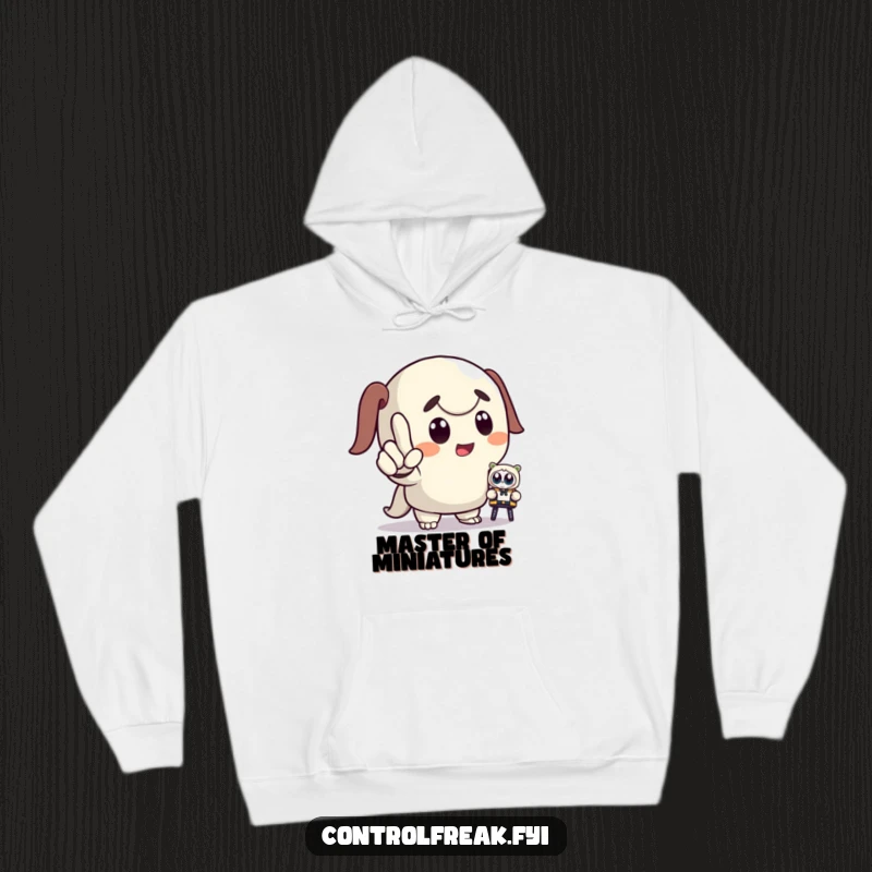 Funny hoodie depicting a cartoon character in a dramatic pose, pointing and commanding a miniature toy, conveying powerful yet amusing leadership.