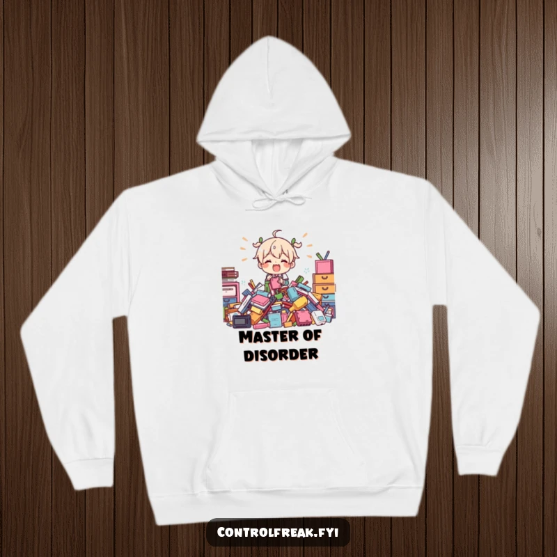 Funny Hoodie: Character enthusiastically organizing a mountain of scattered items, radiating funny energy and a love for tidying.