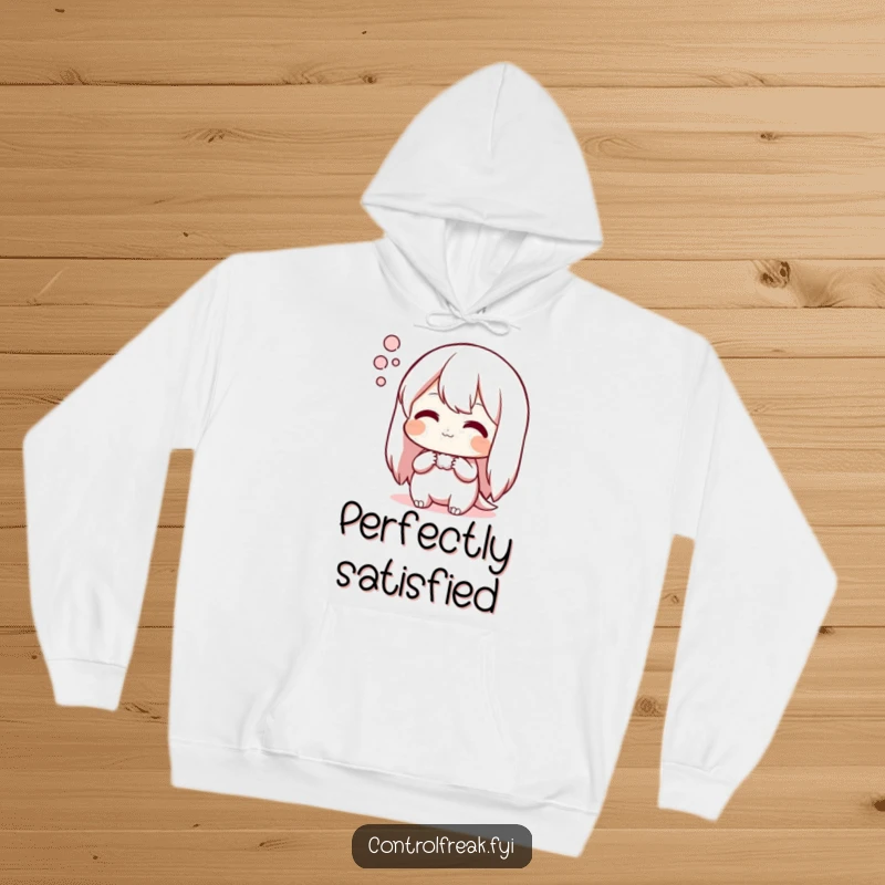 Funny hoodie featuring a character admiring a tidy arrangement with a satisfied sigh, embodying peace and accomplishment.