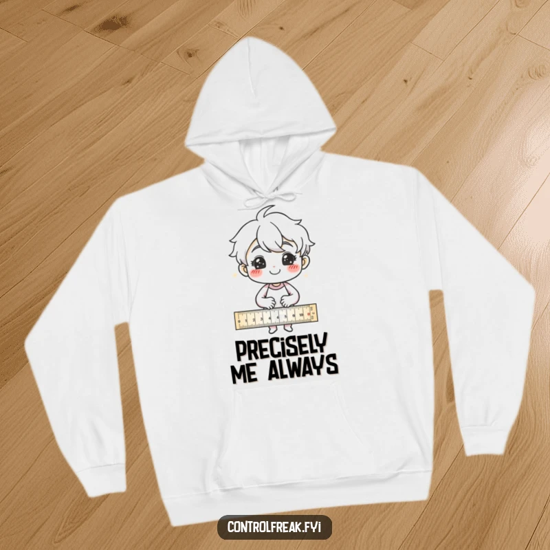 Funny Hoodie: Character smiling proudly while drawing precise lines with a ruler, exuding a sense of achievement.