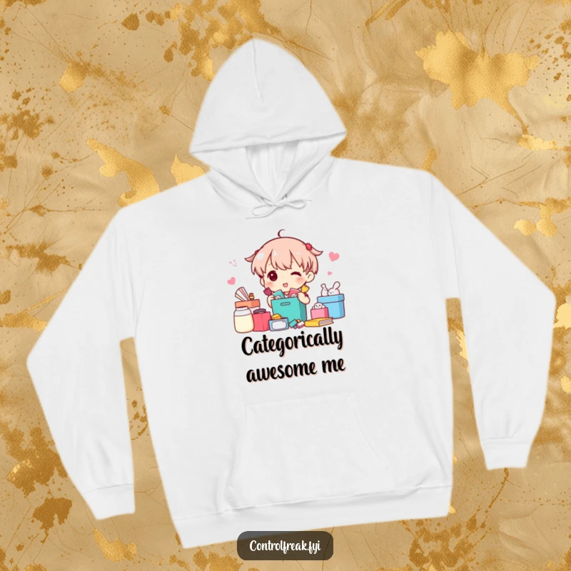 Funny Hoodie: Character happily sorting various items into perfectly organized categories, radiating neat and joyful energy.