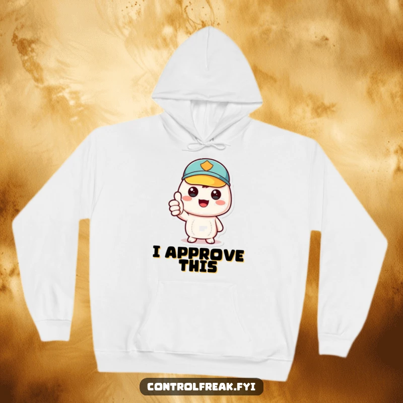 Funny kawaii character giving a positive thumbs-up for excellent order, comfortable hoodie for neat enthusiasts, humorous funny gift.