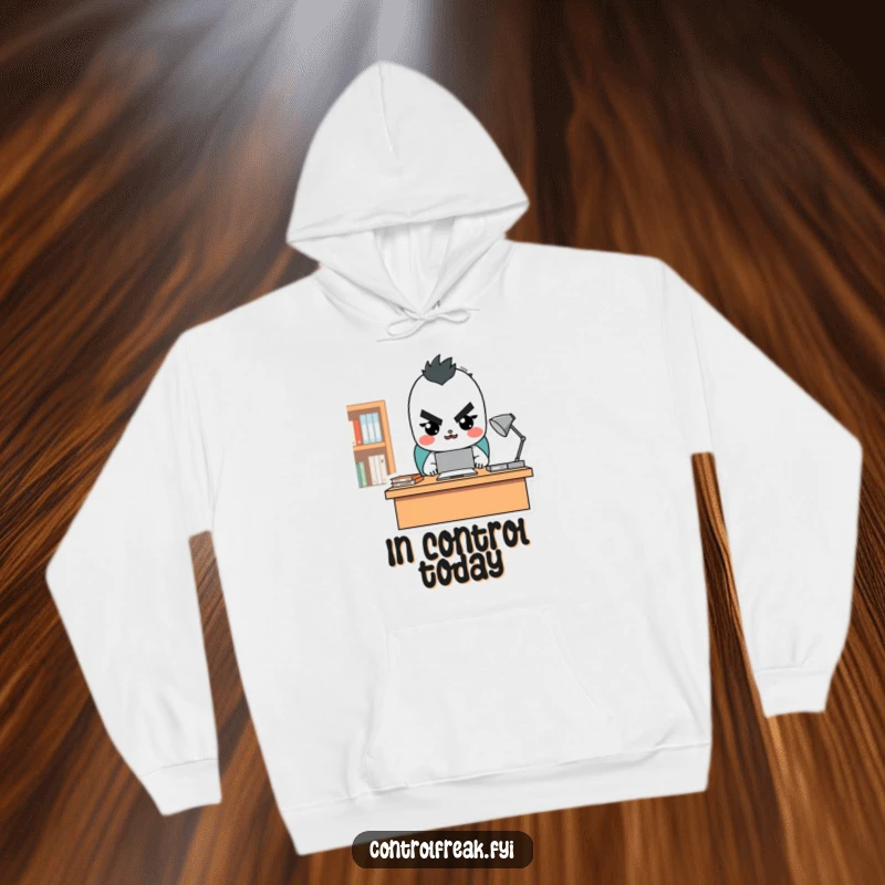 Funny hoodie featuring a character with a stern but happy look, overseeing a tidy desk, perfect for cozy comfort and humorous organization.