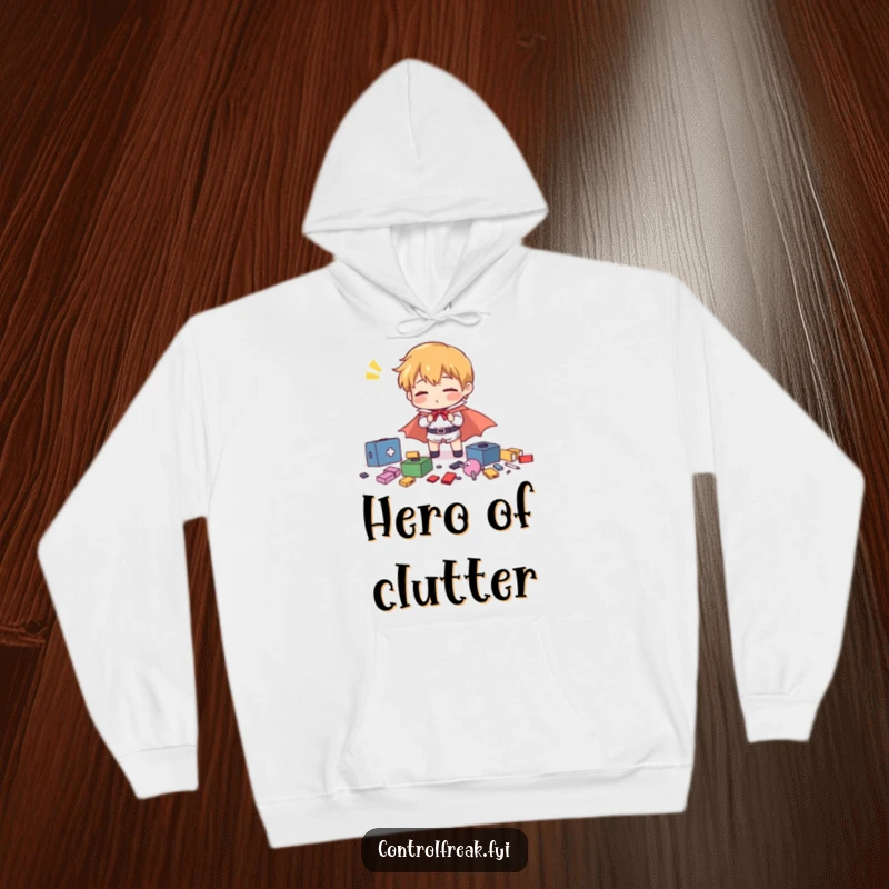 Funny character in a tiny cape comically organizing scattered items with exaggerated effort, featured on a cozy hoodie.