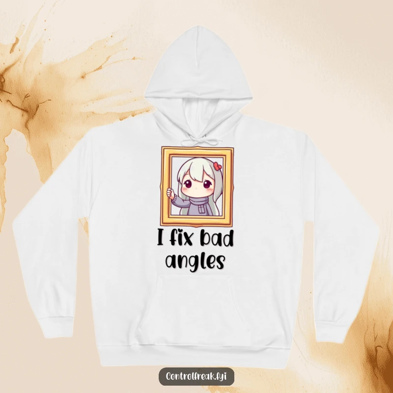Funny hoodie with a character straightening a picture frame, symbolizing precision and a humorous take on perfectionism.