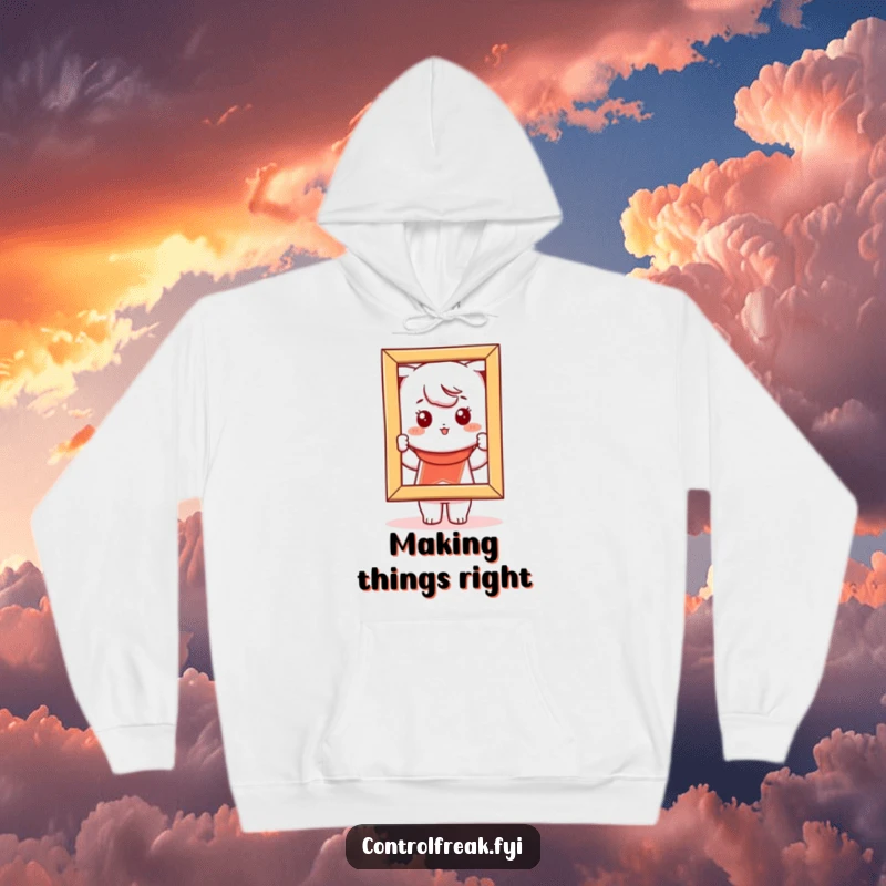 Funny Kawaii character hoodie, carefully straightening a crooked picture frame, cozy and focused on alignment.