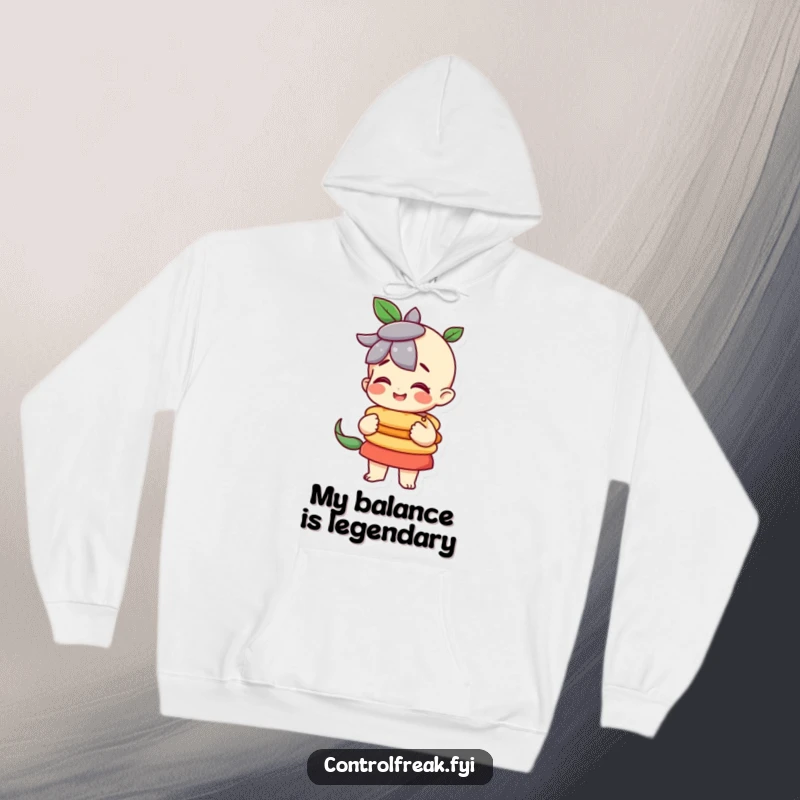 Funny character pleased with a perfectly balanced stack on this hoodie, great for organized humor.