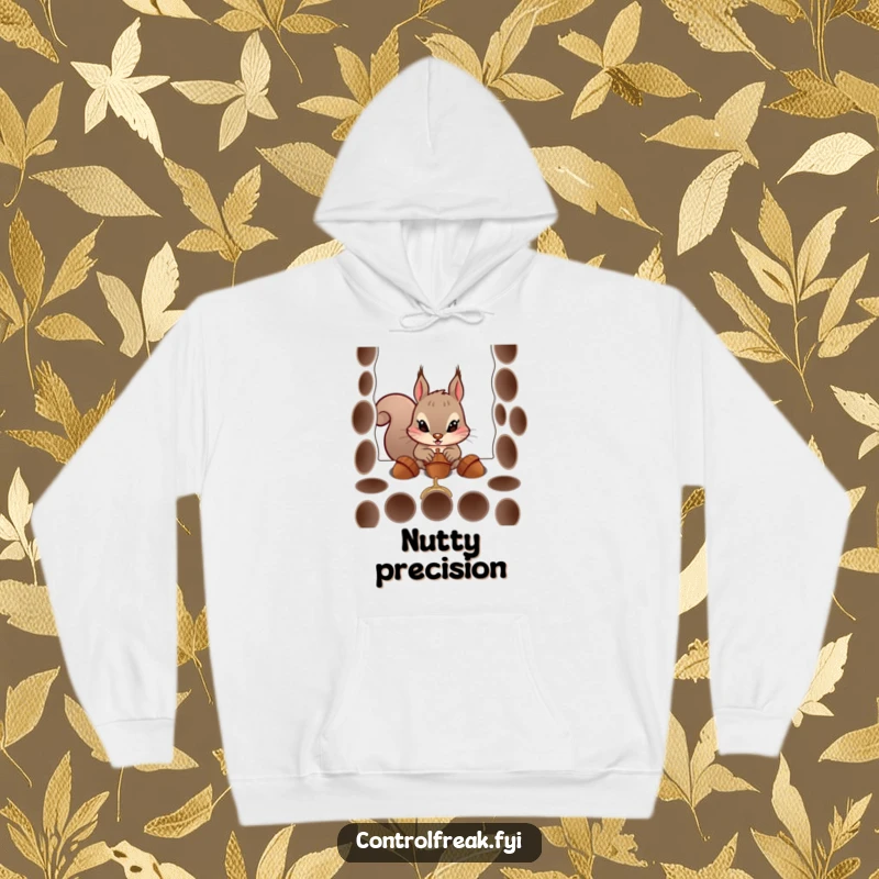Funny hoodie showcasing a dedicated squirrel character's funny struggle to place acorns into perfectly round holes, emphasizing its earnest attempt.