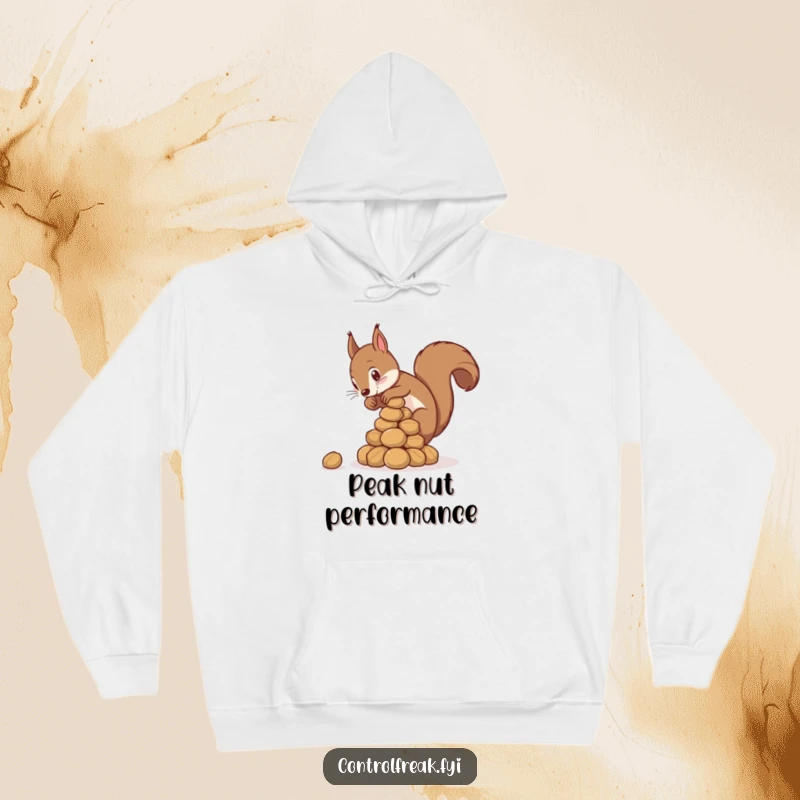 Funny squirrel hoodie depicting a squirrel meticulously stacking nuts into a precise pyramid, embodying organized silliness.