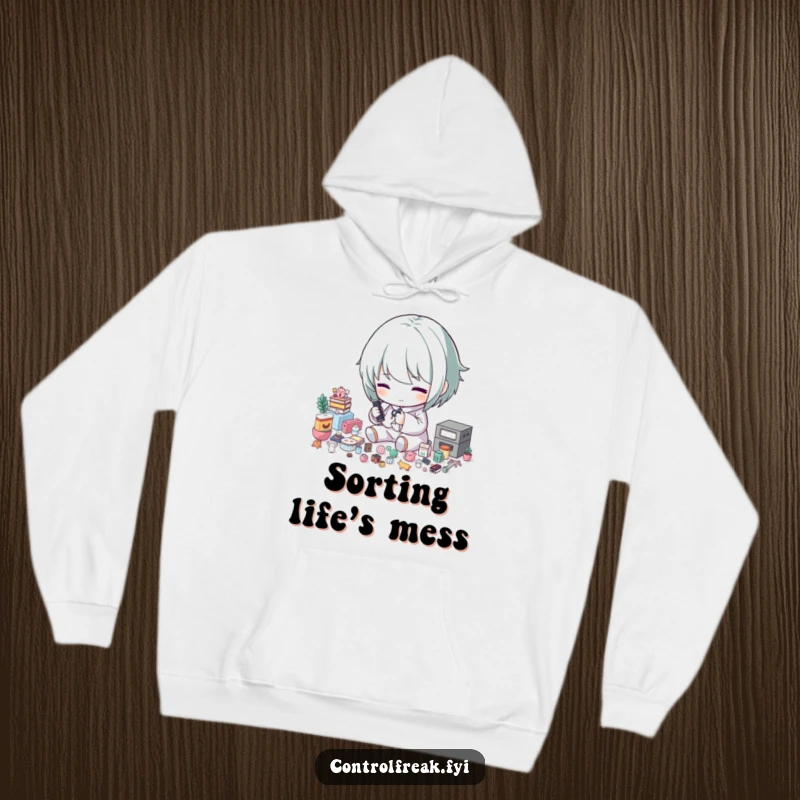 Funny hoodie: A character meticulously sorts tiny, numerous items into precise size categories, showcasing extreme organization.