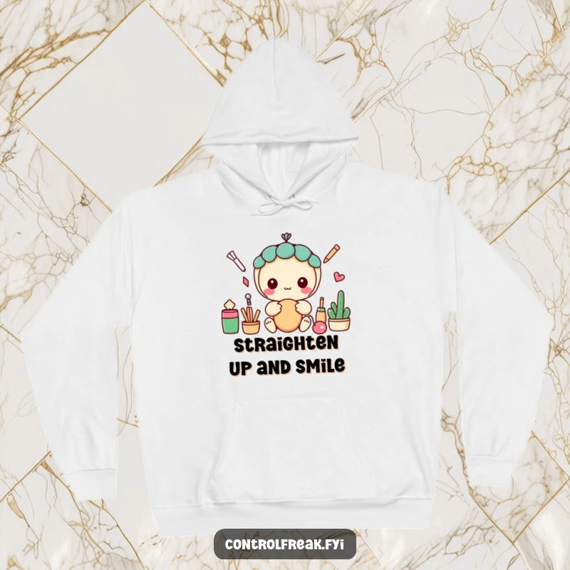 Funny hoodie depicting a kawaii character engrossed in the act of arranging objects into a flawless, straight line with precision.