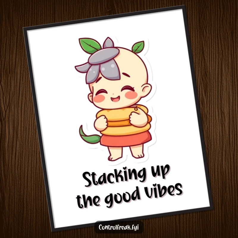 Funny Free Printable Wall Art: A character happily holds a meticulously balanced stack, embodying stability and satisfaction.