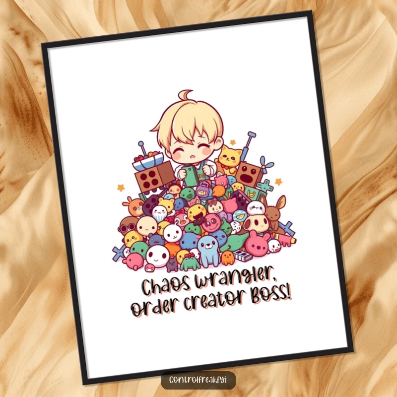 Funny Free Printable wall art showing a character meticulously organizing a chaotic pile of toys into neat rows.