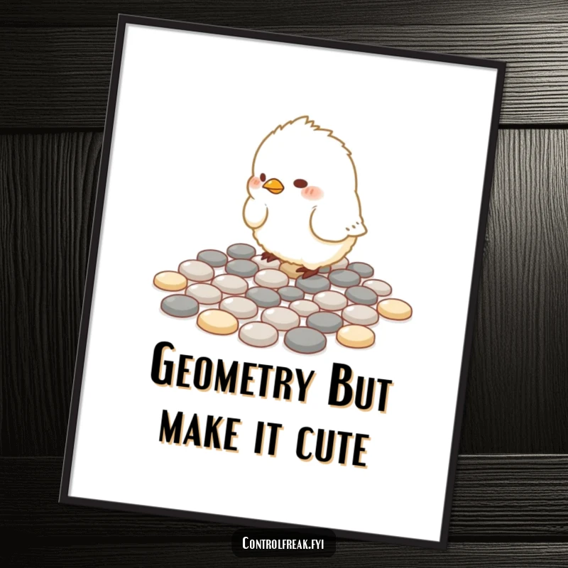 Funny Free Printable Wall Art: A fluffy bird precisely arranging pebbles in geometric patterns, bringing calm and humor to your decor.