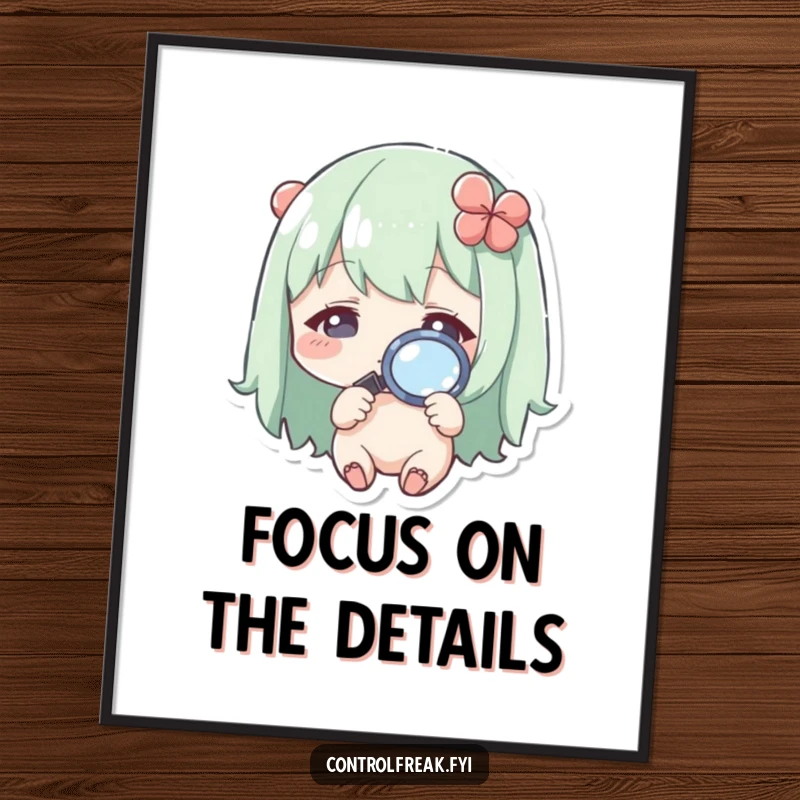 Funny Free Printable Wall Art featuring a Kawaii character scrutinizing a tiny detail with a magnifying glass, adding playful curiosity.