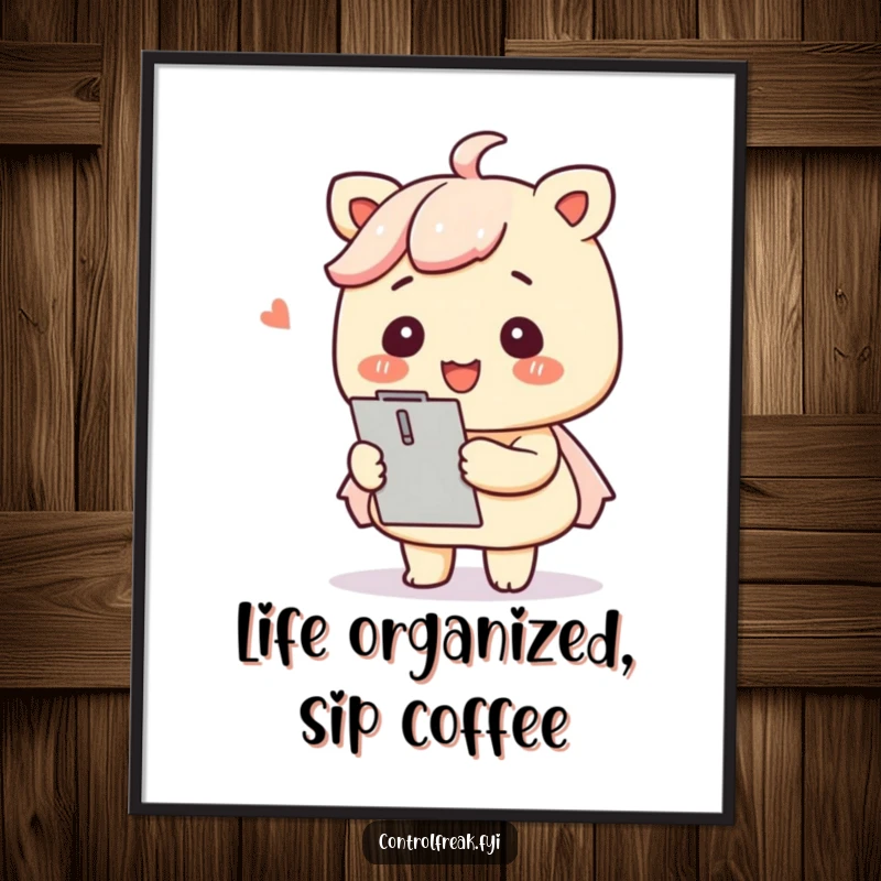 Funny Free Printable Wall Art: A Kawaii character with a clipboard organizing items with a smile, adding neatness and cheer.