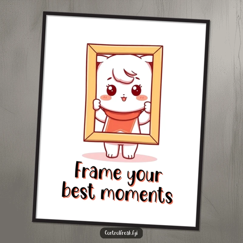 Funny Free Printable Wall Art of a Kawaii character playfully adjusting a crooked picture frame, adding a touch of humor and order.