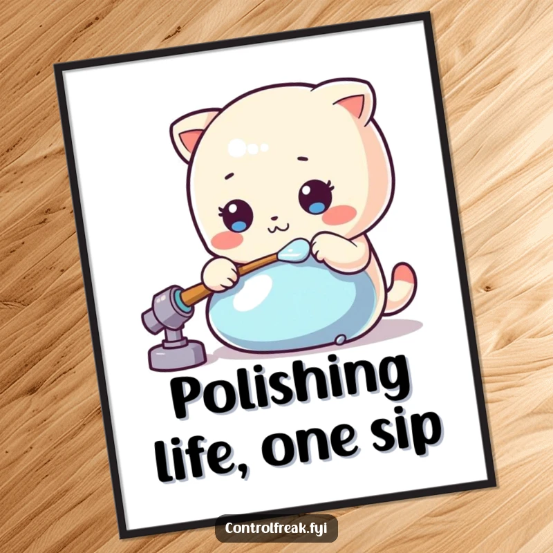 Funny Free Printable Wall Art: A Kawaii character meticulously polishing a shiny object, adding gleam and charm to any room.