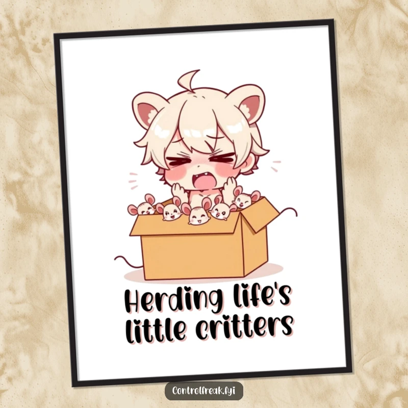 Funny Free Printable Wall Art: A completely frazzled character desperately trying to herd energetic cartoon mice into a small box.