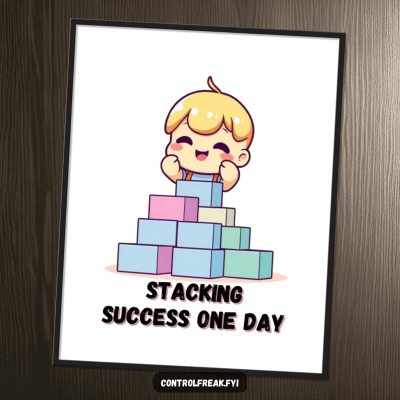 Funny Free Printable Wall Art: A character joyfully arranging a collection of perfectly stacked, colorful blocks.