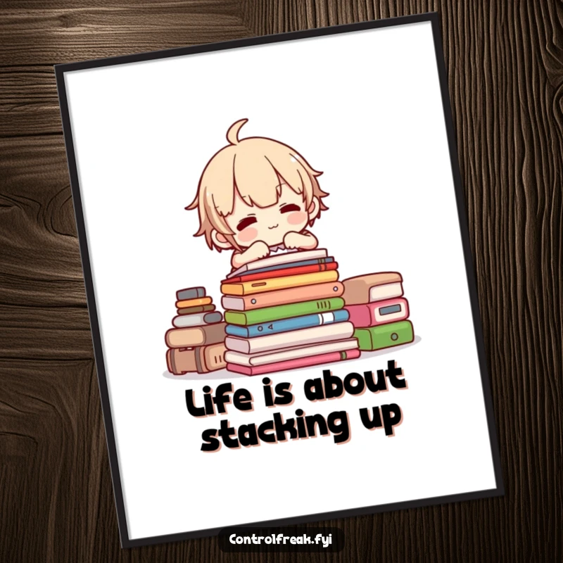 Funny Free Printable Wall Art: Character joyfully adjusts a perfect stack of items, adding quirky charm to any room.