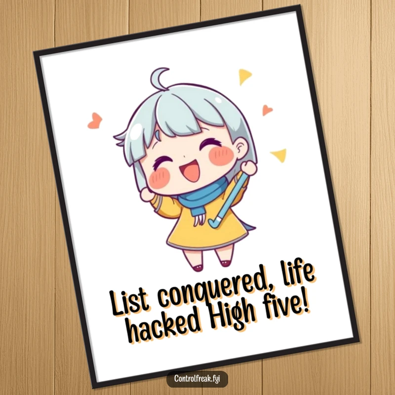 Funny Free Printable wall art of a character ecstatically checking off a list, bringing organized humor to your decor.