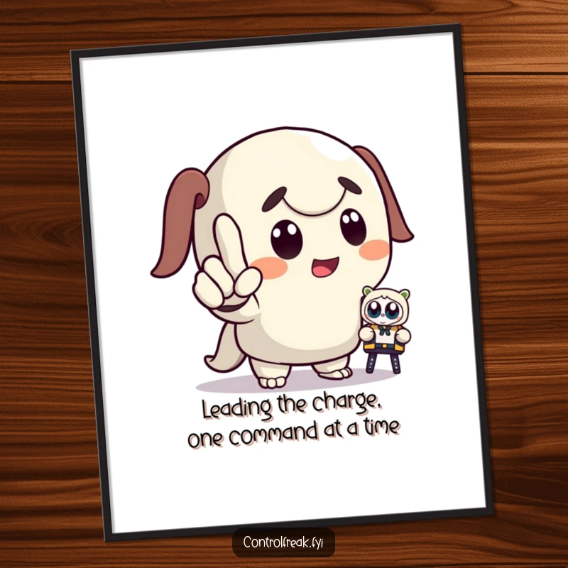 Funny Free Printable Wall Art: Cartoon character dramatically commands a tiny toy, adding humor. Hilarious downloadable art poster.