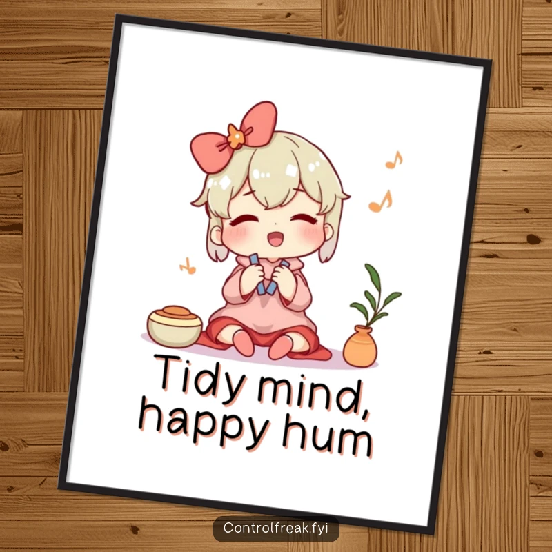 Funny free printable wall art. A character hums contentedly while neatly tidying, bringing a sense of peaceful order.