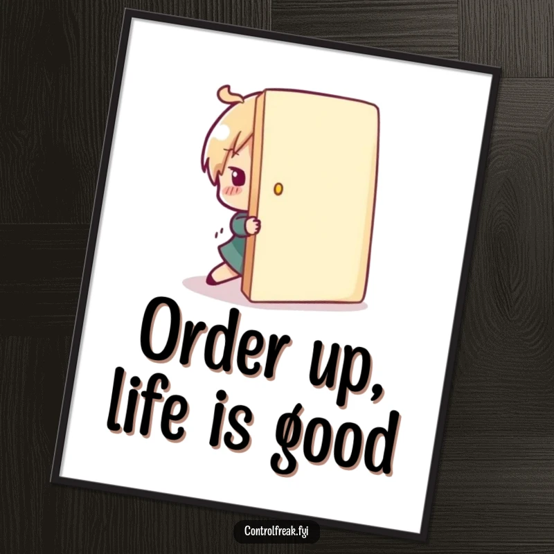 Funny Free Printable Wall Art: A character playfully pushes a misplaced item back into a neat row, creating visual harmony.