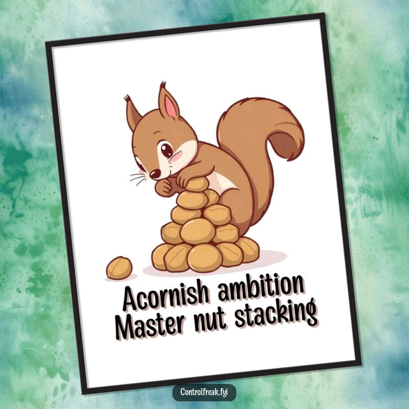 Funny Free Printable Wall Art depicting a meticulous squirrel creating a perfect nut pyramid, adding a humorous touch to any room.