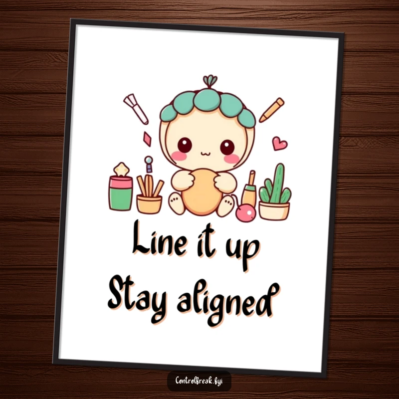 Funny Free Printable Wall Art: Adorable Kawaii character obsessively arranging objects into a perfectly straight, satisfying line.