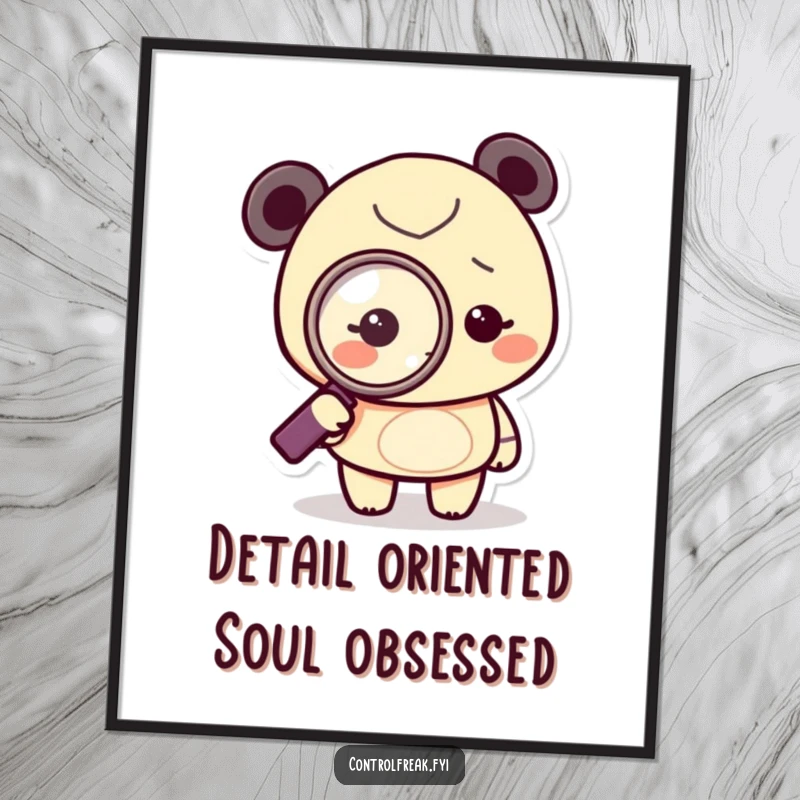Funny Free Printable Wall Art: Tiny character with a magnifying glass obsessively pointing at a dot, humorous downloadable decor.