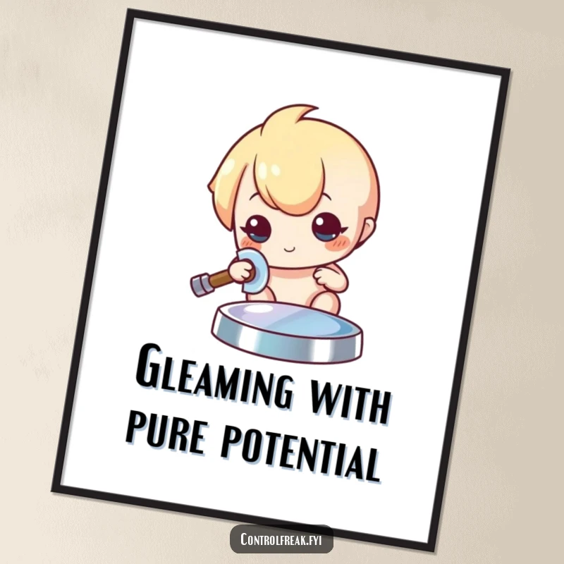 Funny Free Printable Wall Art: Kawaii character meticulously polishes an object to a brilliant sheen, adding sparkle to your decor.