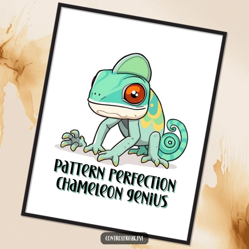 Funny Free Printable Wall Art featuring a chameleon flawlessly blending its colors into a distinct, pre-set geometric pattern.