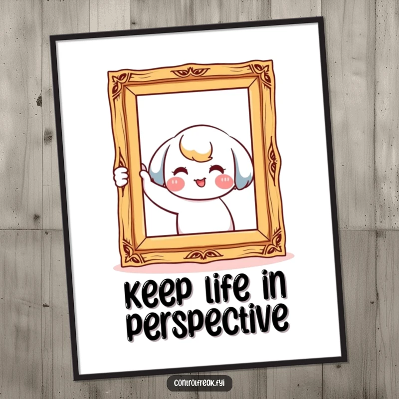 Funny Free Printable Wall Art: Kawaii character meticulously straightening a crooked picture frame with a smile, downloadable art for order lovers.