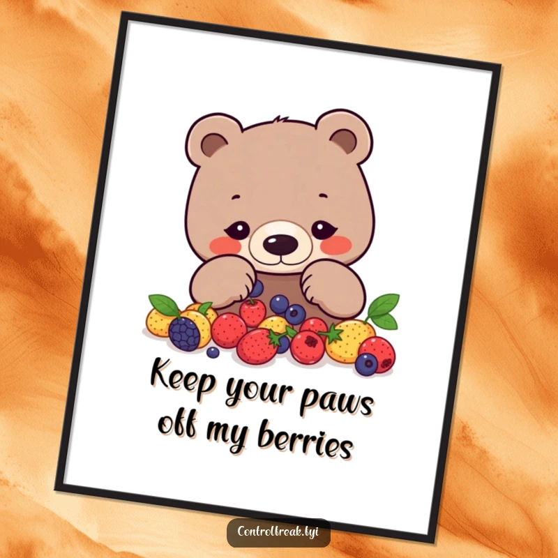 Funny Free Printable Wall Art: A focused bear meticulously arranges colorful berries into a precise geometric pattern. Neat and humorous.