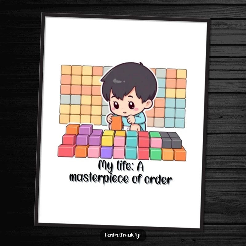 Funny Free Printable Wall Art: Small character intently organizing colorful blocks into perfect rows, humorous downloadable decor.