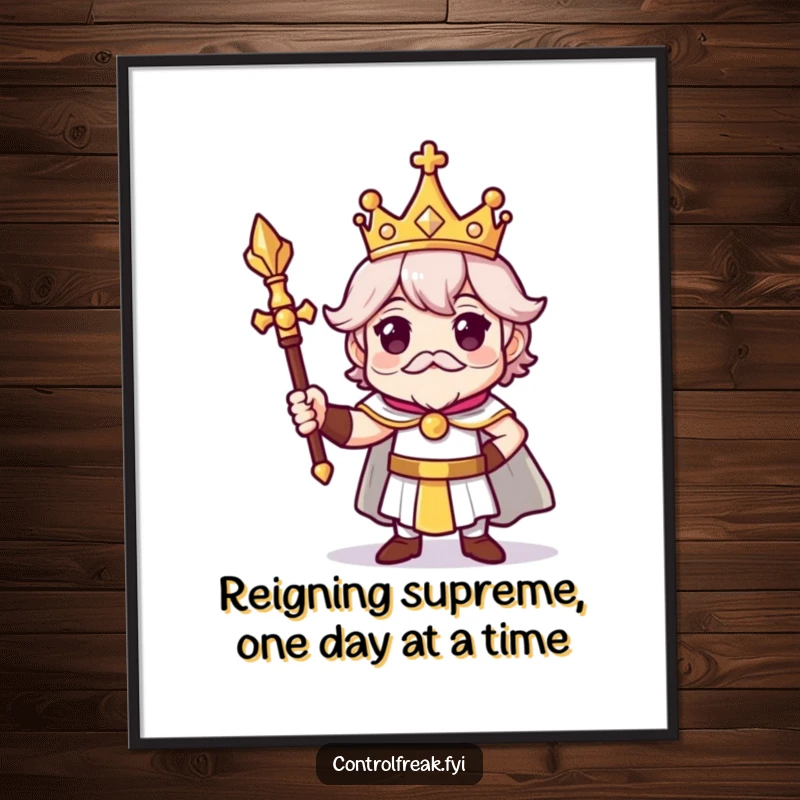 Funny Free Printable Wall Art: Character with tiny crown and scepter poses regally, proud. Hilarious royal downloadable art poster.