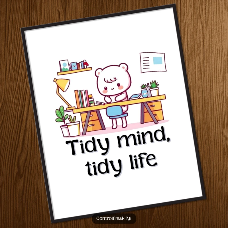 Funny Free Printable Wall Art showing a Kawaii character meticulously straightening an already perfect desk, adding humor to organization.