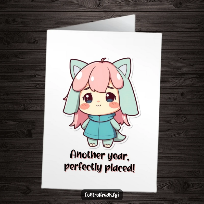 Funny Free Printable Birthday Card showing a character giving a knowing, satisfied nod while admiring a perfectly ordered scene.