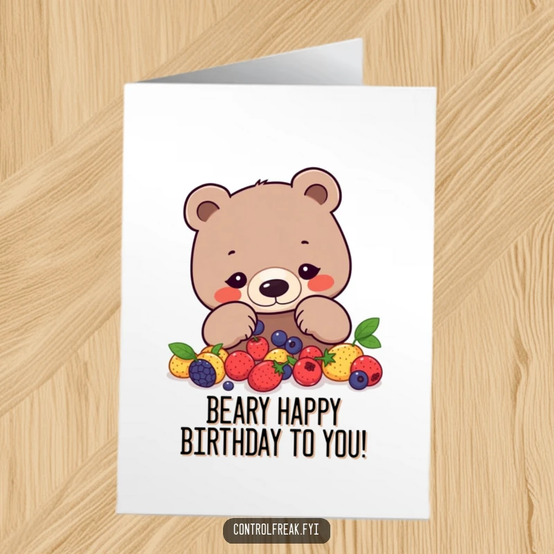 Funny Free Printable Birthday Card: A focused bear carefully arranges berries into a precise geometric pattern. Happy birthday to the organized.