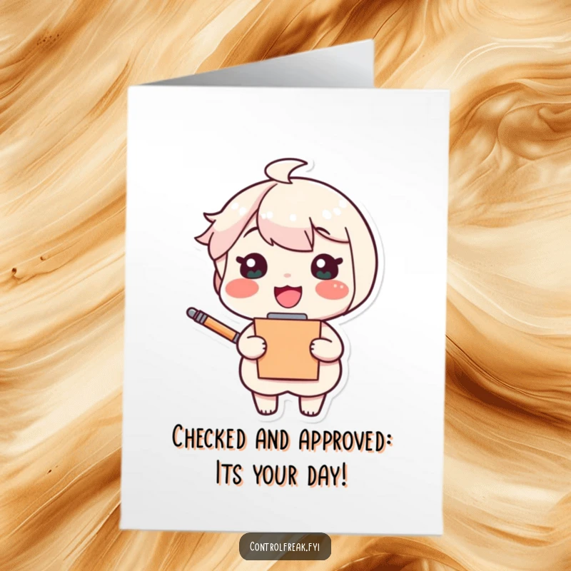 Funny Free Printable Birthday Card: Cheerful character with clipboard and pen looks pleased. Joyful downloadable art.