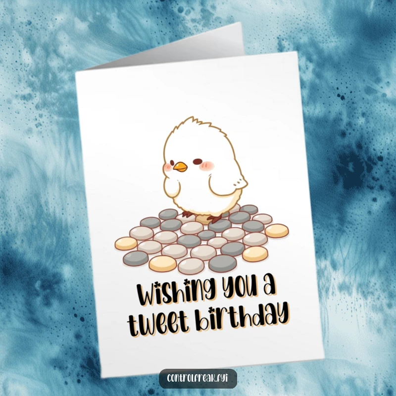 Funny Free Printable Birthday Card: Small fluffy bird meticulously arranges pebbles in perfect geometric patterns, wishing a structured happy birthday.