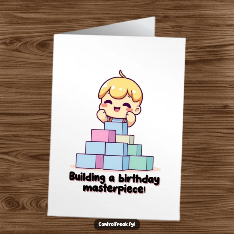Funny Free Printable Birthday Card: A character happily stacking blocks into a perfect tower.