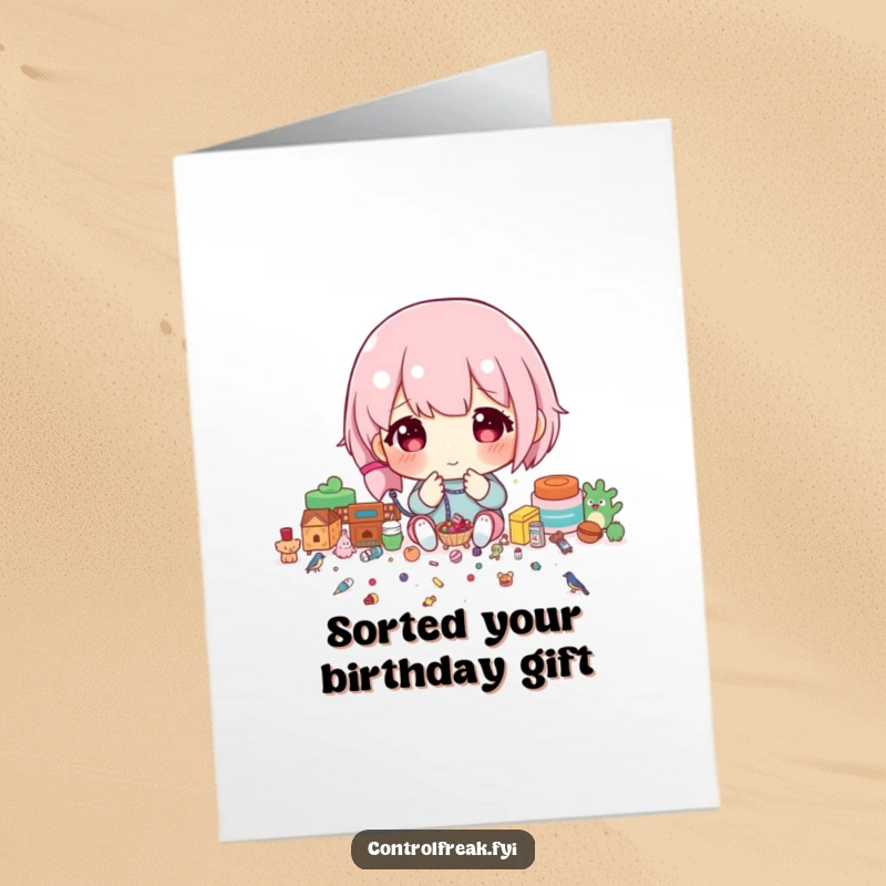 Funny Free Printable Birthday Card: Character meticulously sorting tiny items by precise size, a humorous gift.