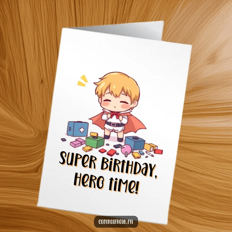 Free Printable Birthday Card: A character in a tiny cape comically struggling to organize scattered items with exaggerated superhero effort.