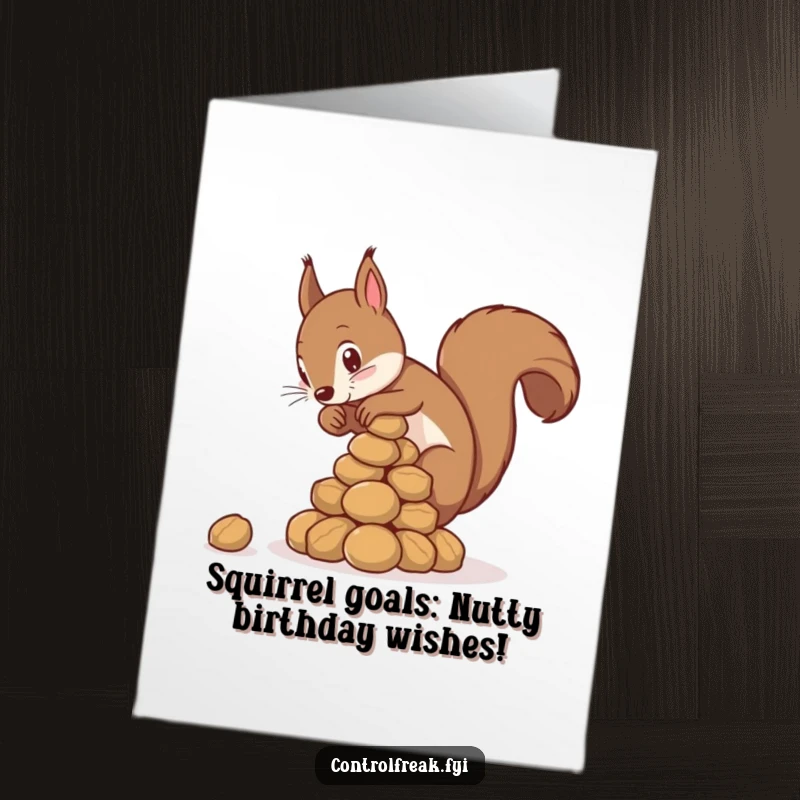 Funny Free Printable Birthday Card featuring a meticulous squirrel obsessively stacking nuts into a perfect pyramid for a birthday greeting.